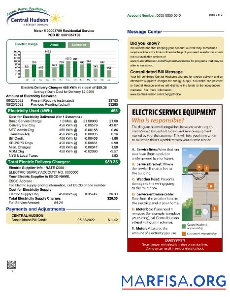 Realistic USA New York Central Hudson A fortis company utility bill, Word and PDF template, 3 pages 3